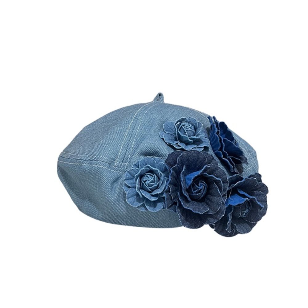 Ggfg mũ nồi jean mũ beret nữ y2k mũ beret hoa trà denim nghệ thuật hoa mũ nồi denim thanh lịch phong cách hàn quốc nữ