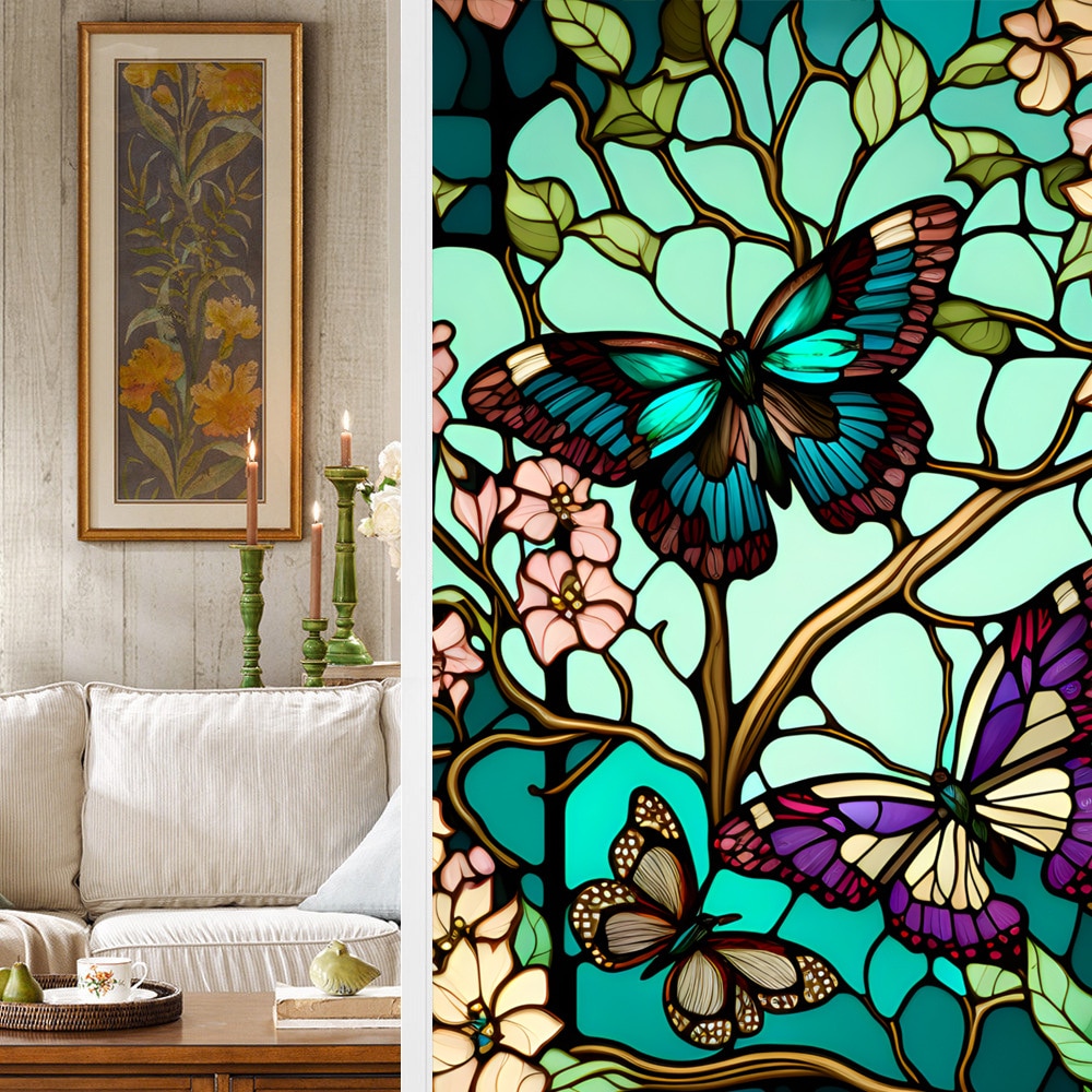 Colorful Retro Flower Birds Window Glass Electrostatic Stickers Removable Window Privacy Stained Decorative Film For Home Office
