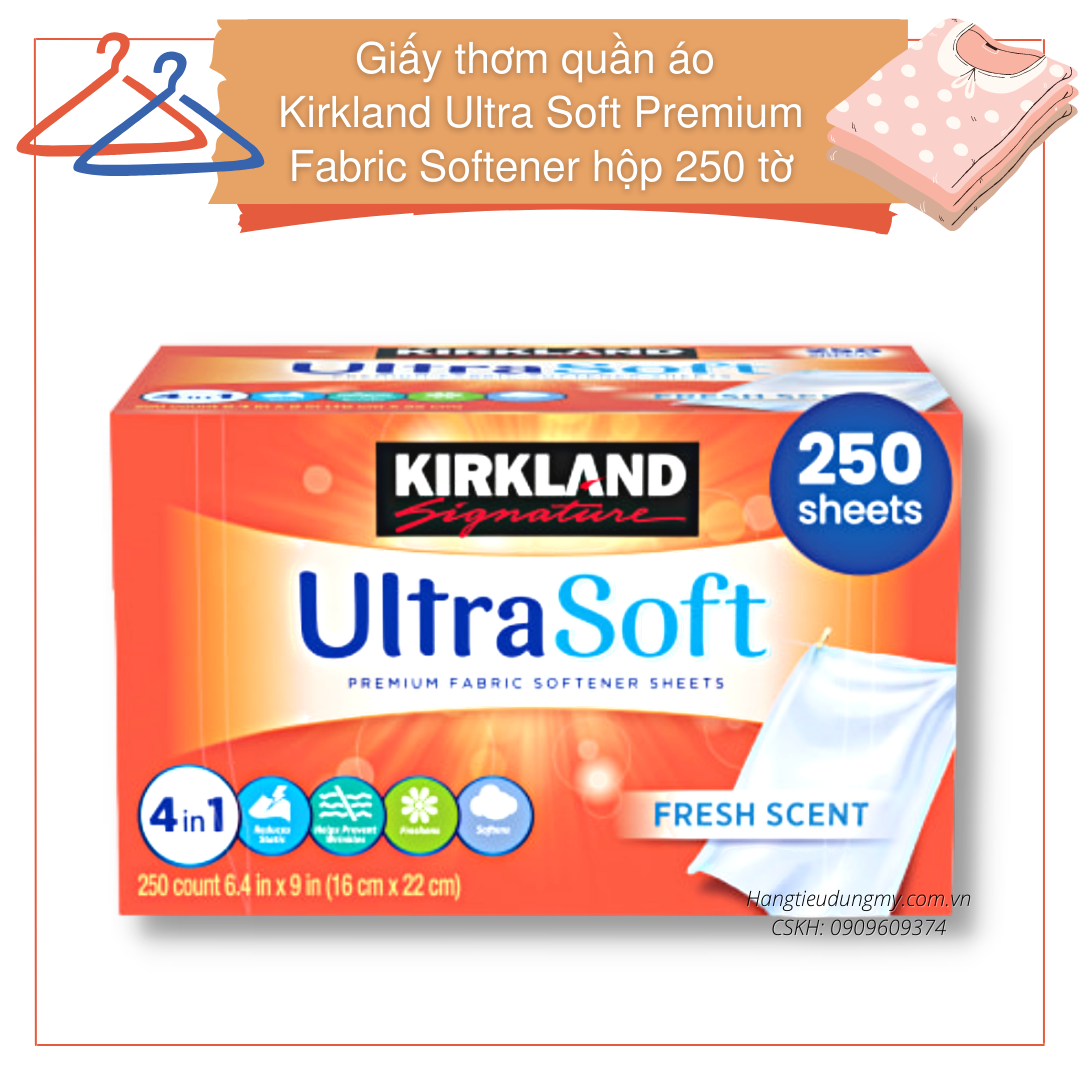 Giấy thơm quần áo Kirkland Ultra Soft Premium Fabric Softener hộp 250 tờ