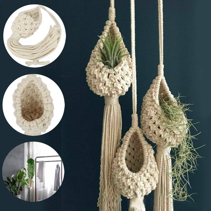 Boho Macrame Air Plant Hanger Tillandsia Hanging Basket Rope Holder Flower Decor