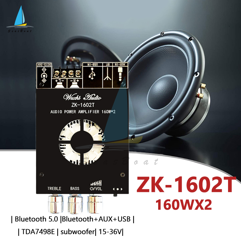 ZK-1602T 2.0 channel Bluetooth audio power amplifier moduleTDA7498E 160WX2 High and Bass Adjustment Bluetooth Audio Power Amplifier Board Module AUX + for Bluetooth + USB