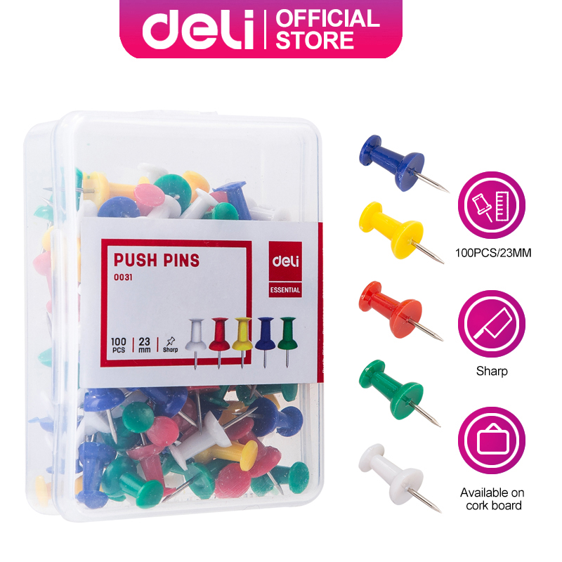 Deli Push Pins 100pcs Pushpins For Cork Board Assorted Colors E0031 Lazada Ph 