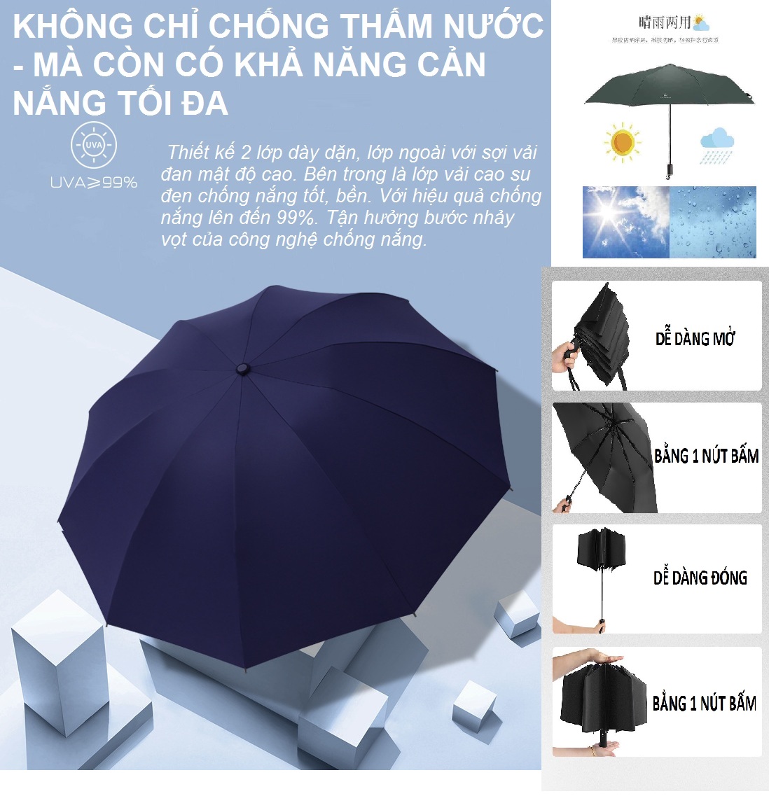 Ô dù che mưa cỡ lớn tự động đóng mở, gấp gọn tiện lợi , ô dù gấp gọn, ô dù che mưa, dù gấp gọn mini, dù che nắng mưa, dù che mưa, dù che nắng ngoài trời, dù gấp gọn size to