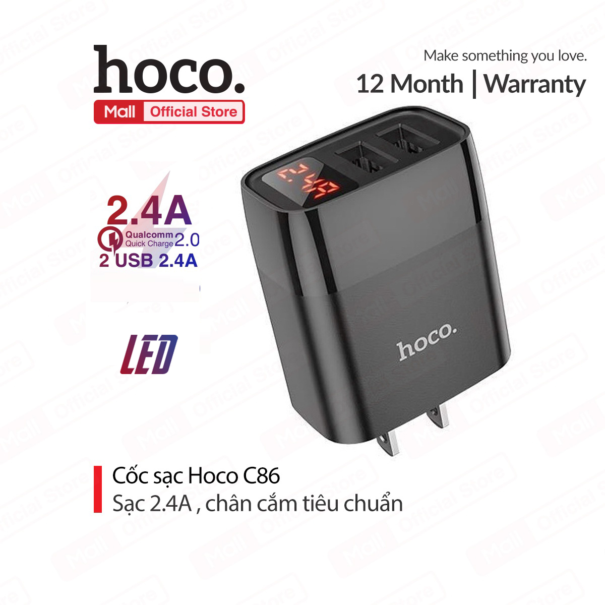 Cốc sạc 2.4a hoco c86 chân dẹt 2 cổng usb màn hình led chất liệu pc chống cháy cao cấp