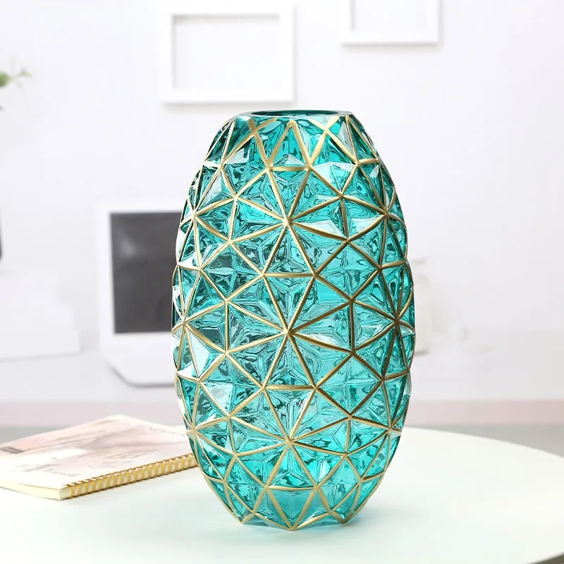 Glass Vase With Gold Diamond Shape Luxury European Vase Ornaments Home Decorations Arrangement Wobble Living Room Housewarming Gift