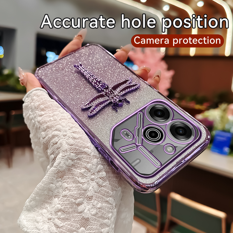 Phone case For Tecno Pova 6 Pro / Tecno Pova 5 Pro case shell Sparkling Gleaming 3D Cartoon Crystal Dragonfly Phone Holder Ultra-thin Silicone Transparent Soft Shell Cases Housing.