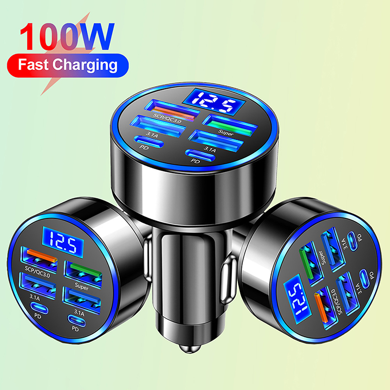 100W 6-Ports USB Type-C Car Charger With Voltage Display PD Fast Charging Power Adapter For Iphone Android Smart Phone Tablet. 