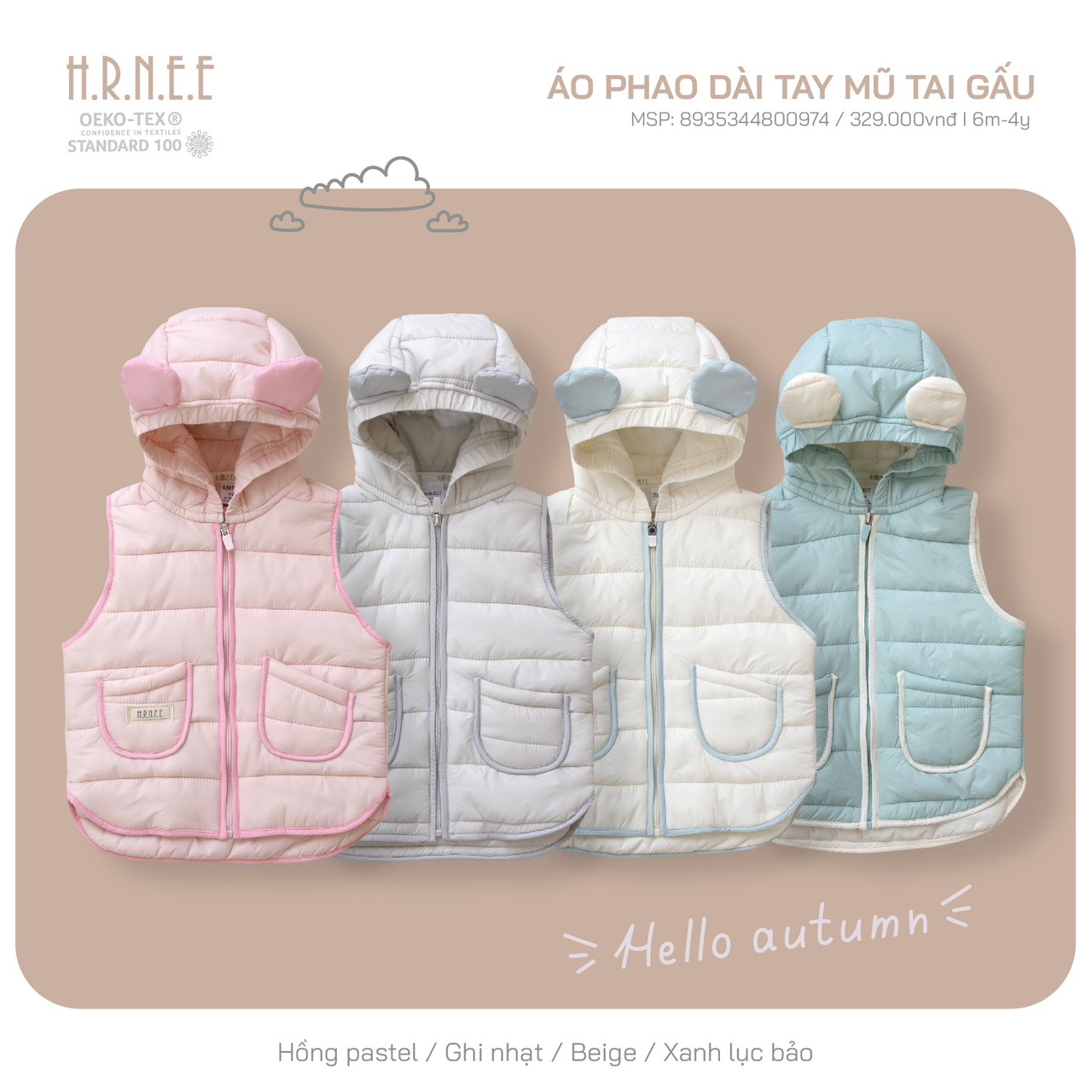 HRNEE - Áo gile phao có mũ cho bé