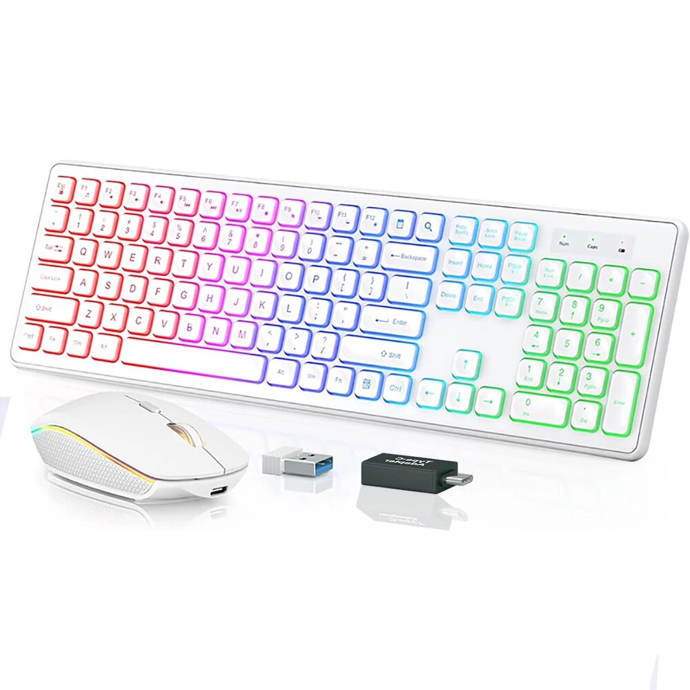 Jomaa Type-c +USB 2.4G Wireless Keyboard Mouse Combo RGB Backlit Rechargeable Full-Size Wireless Keyboard Mouse Set for Laptop Computer Ergonomic