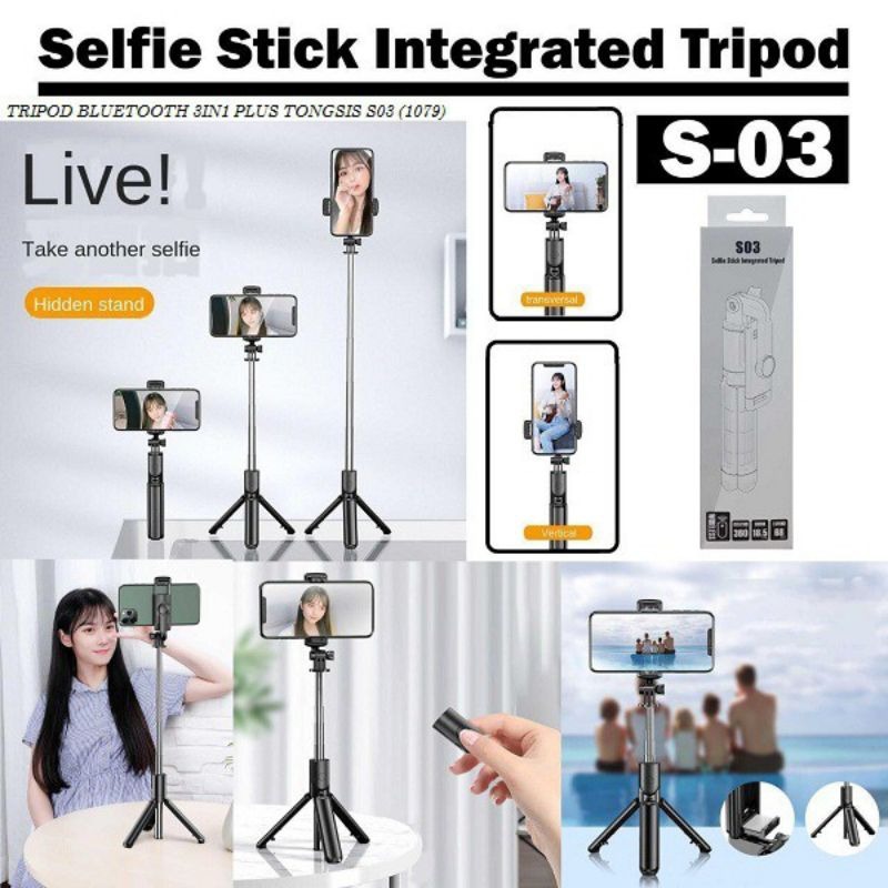 S03 Wireless Bluetooth Selfie Stick for Foldable Handheld Monopod Shutter Remote Extendable Mini Tripod Selfie Stick