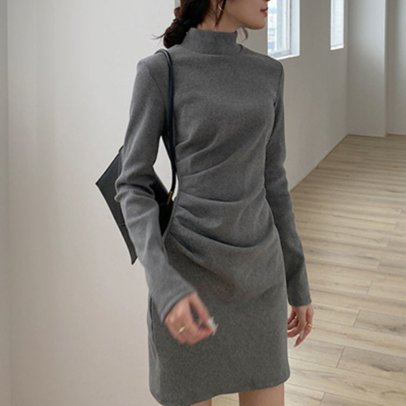 NICK Women's turtleneck bottoming dress pleated inner hip wrap skirt