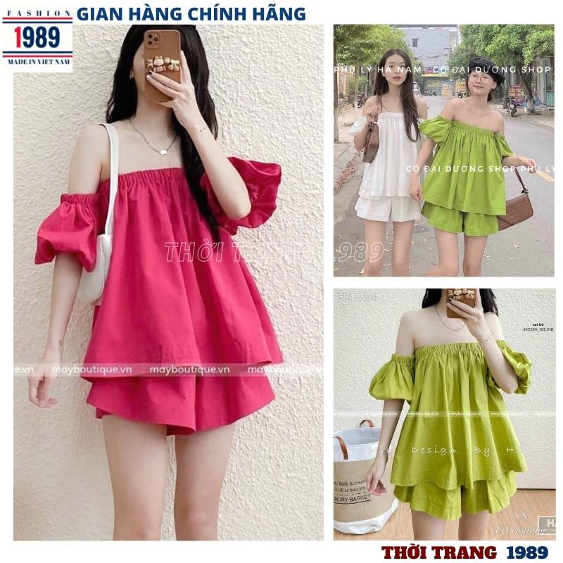 Sét áo trễ vai tay bồng kèm quần short cạp cao kiểu dáng hàn quốc ,áo babydoll trễ vai tay bồng tiểu thư bánh bèo dễ thương ,áo trễ vai ,quần short nữ ,SÉT bộ đi chơi -THỜI TRANG 1989