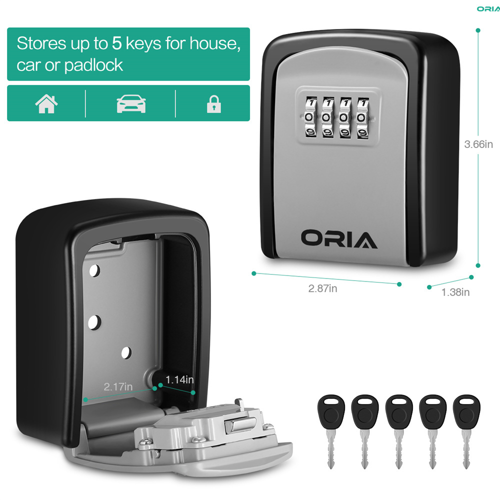 ORIA Key Security Lock Box 2Pcs Weatherproof 4-Digit Combination Key Storage Lock Box Wall Mounted Key Safe Box for 5 Keys for Indoor Outdoor 3.66 inch（Ready Stock)）
