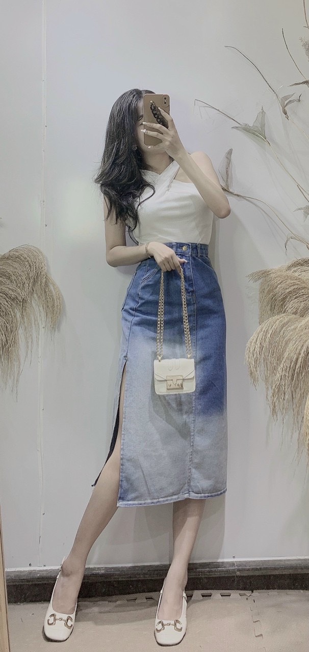 Chân váy bò loang dài xẻ tà siêu hot hothit