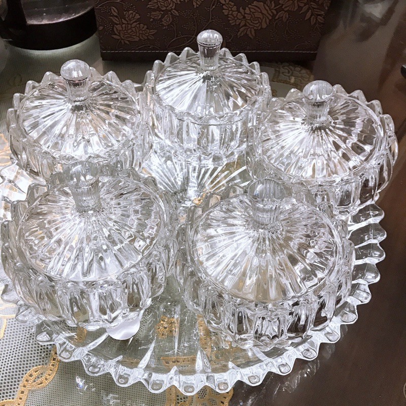 Combo 6 thố mứt Tết thuỷ tinh+khay đựng