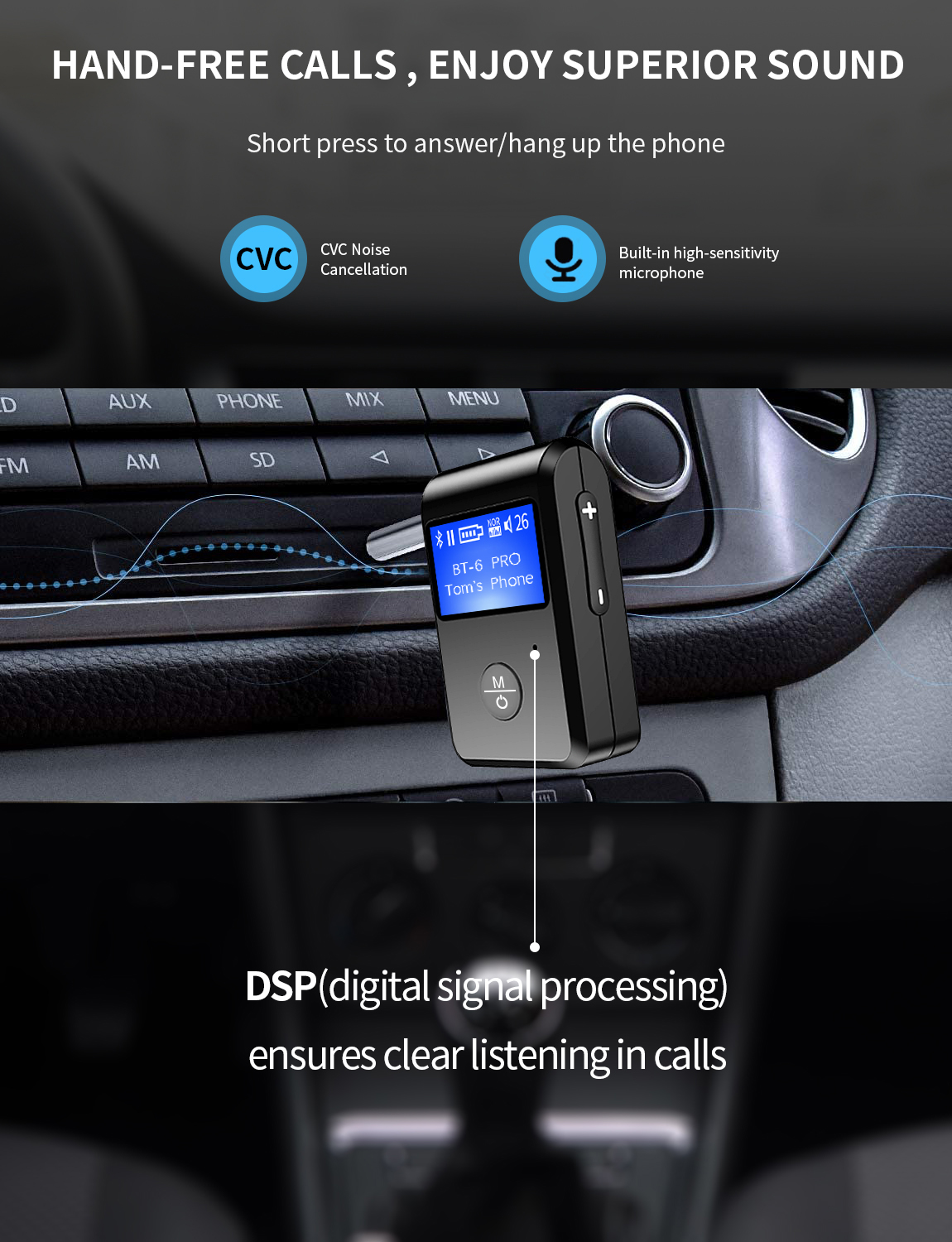 Bộ chuyển đổi Bluetooth CRIACR, bộ thu âm thanh không dây AUX Bluetooth 5.0 hỗ trợ thẻ TF phát liên kết màn hình trực quan im lặng kép