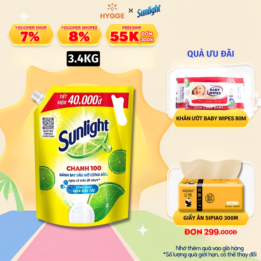 Nước Rửa Chén Sunlight Dầu Rửa Bát Hữu Cơ Thiên Nhiên Sạch Nhanh Hương Chanh Tươi Mát 3.5kg