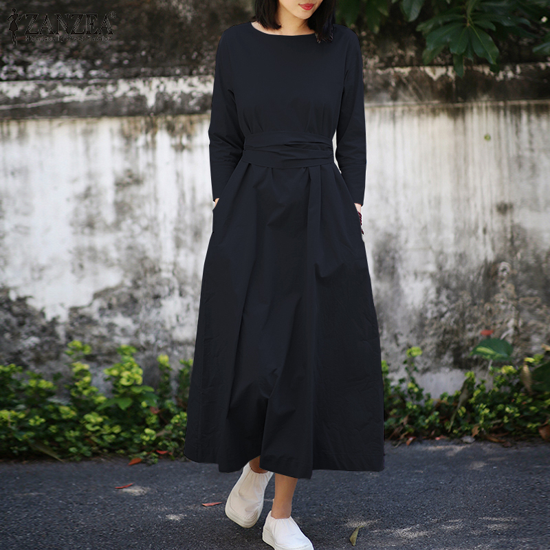 Celmia zanzea women casual round neck belted plain color long sleeve a-line long dress #20