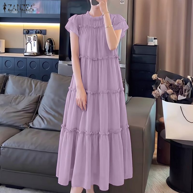Zanzea phong cách Hàn Quốc Phụ nữ thanh lịch xù sundress cổ tròn tay ngắn làm việc Midi Đầm trơn dài #0504