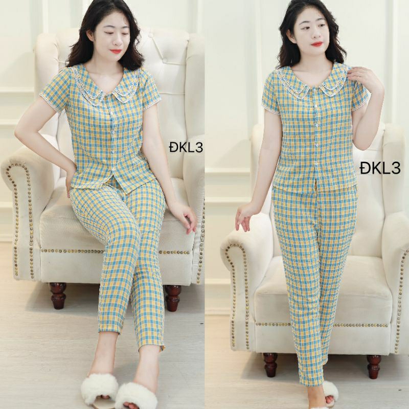 Đồ bộ mặc nhà nữ, đồ bộ mặc nhà thiết kế cổ kép kẻ caro thô mềm