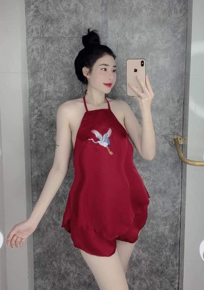 Set Bộ Lụa Yếm Thêu Hạc  Set Yếm Dây Lụa Satin Mặc Nhà From Dưới 58 Kg