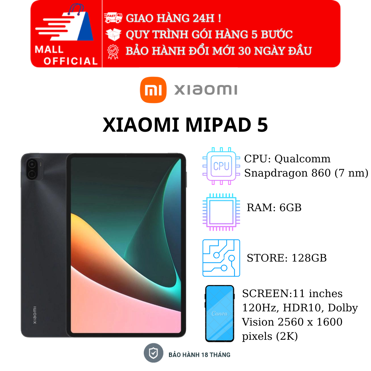 Máy tính bảng Xiaomi Mi Pad 5 Ram 6Gb Rom 128Gb, Snapdragon 860