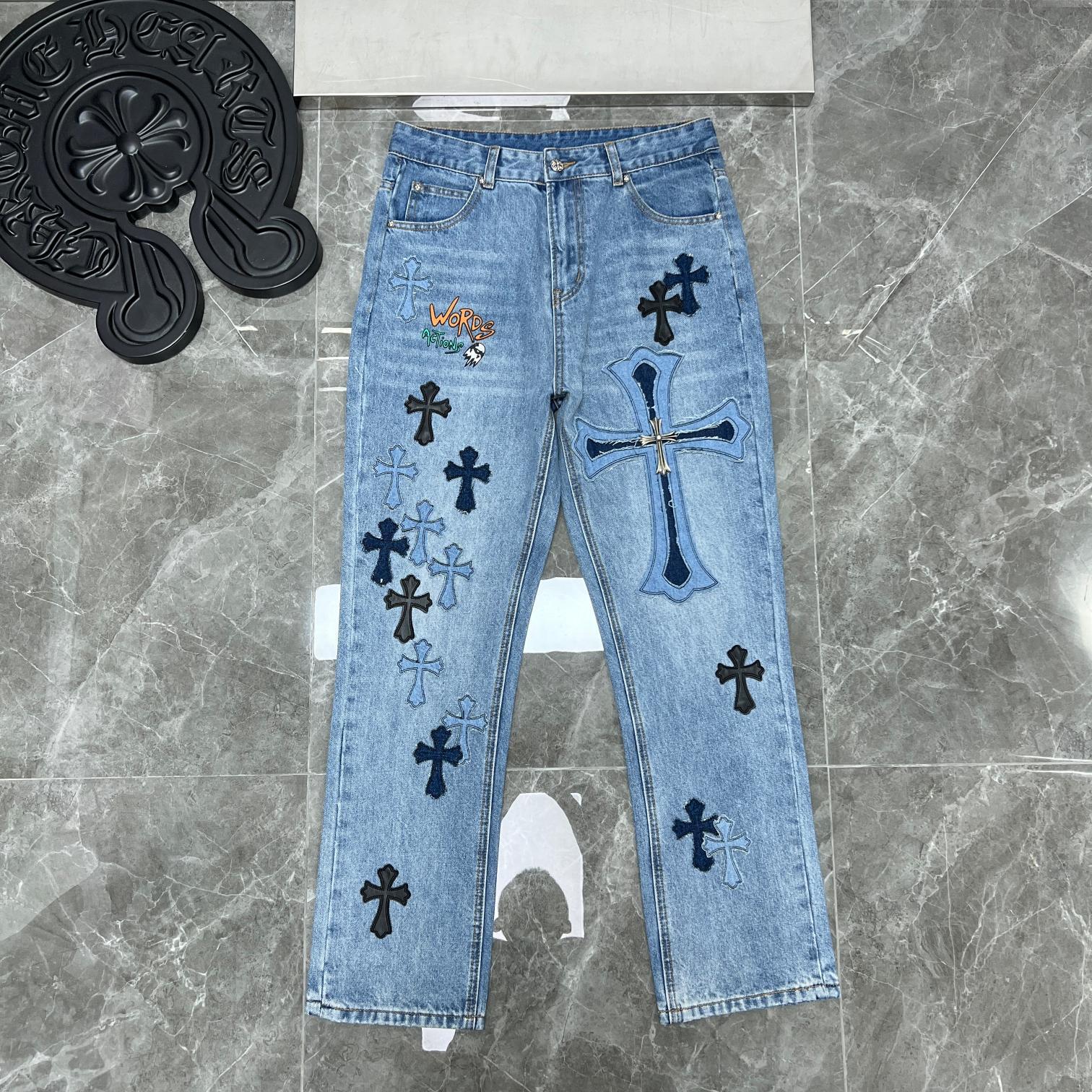 2022 New Autumn And Winter Trendy Brand Chrome Hearts Cross Leather Label  Silver Washed Men's And Women's Same Style Jeans ZADA | Lazada Singapore