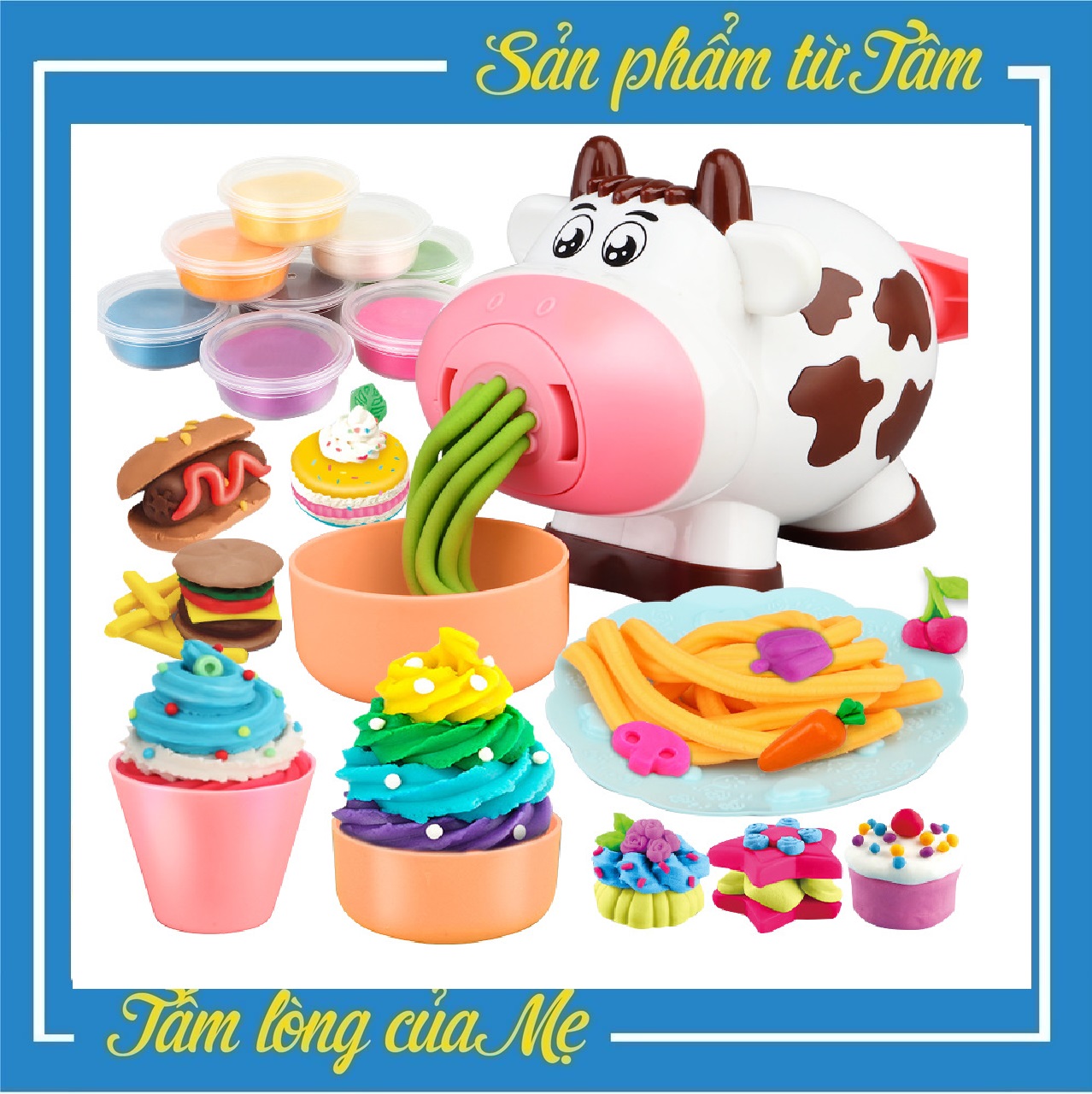 Đất nặn an toàn cho bé - bộ đất nặn 12 hộp màu kèm máy nặn chú bò sữa và các khuôn nặn vô cùng độc đáo