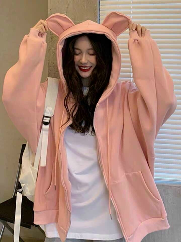 Áo Khoác Nữ - Áo Hoodie Form Rộng Thêu Chữ powr Phối Nón Cực Đẹp Cực Chất