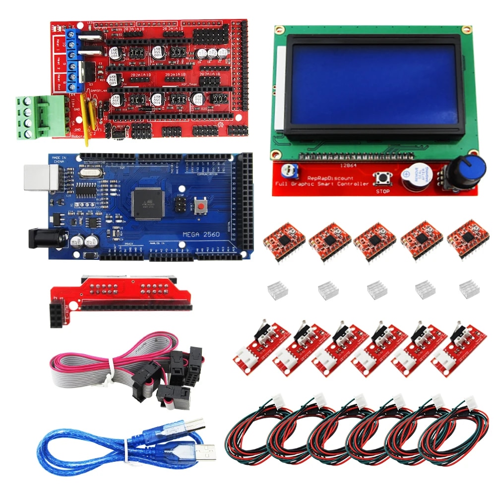 【Popular】 Cnc 3d Printer Kit For Mega 2560 R3 Ramps 1.4 Controller Lcd 12864 6 Limit Switch Ends 5 A4988 Stepper Driver.