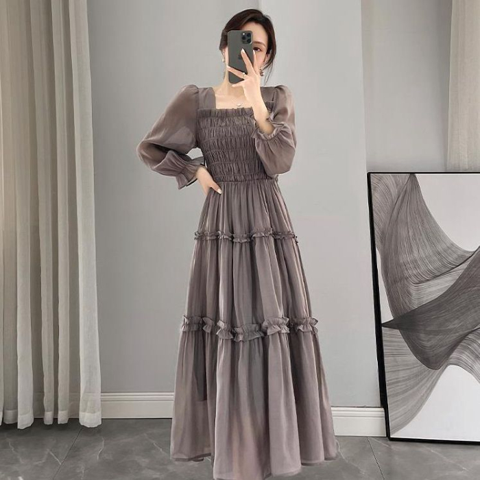 DUOHANZI French smoke gray long-sleeved square neck dress A-line long dress