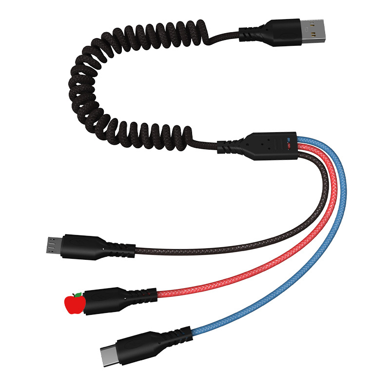 Vaorlo 3 in 1 spring stretch charge cable 1.2m/1.8m fast charging retractable cables micro type-c lighting phone charging cable 5a usb charger cord
