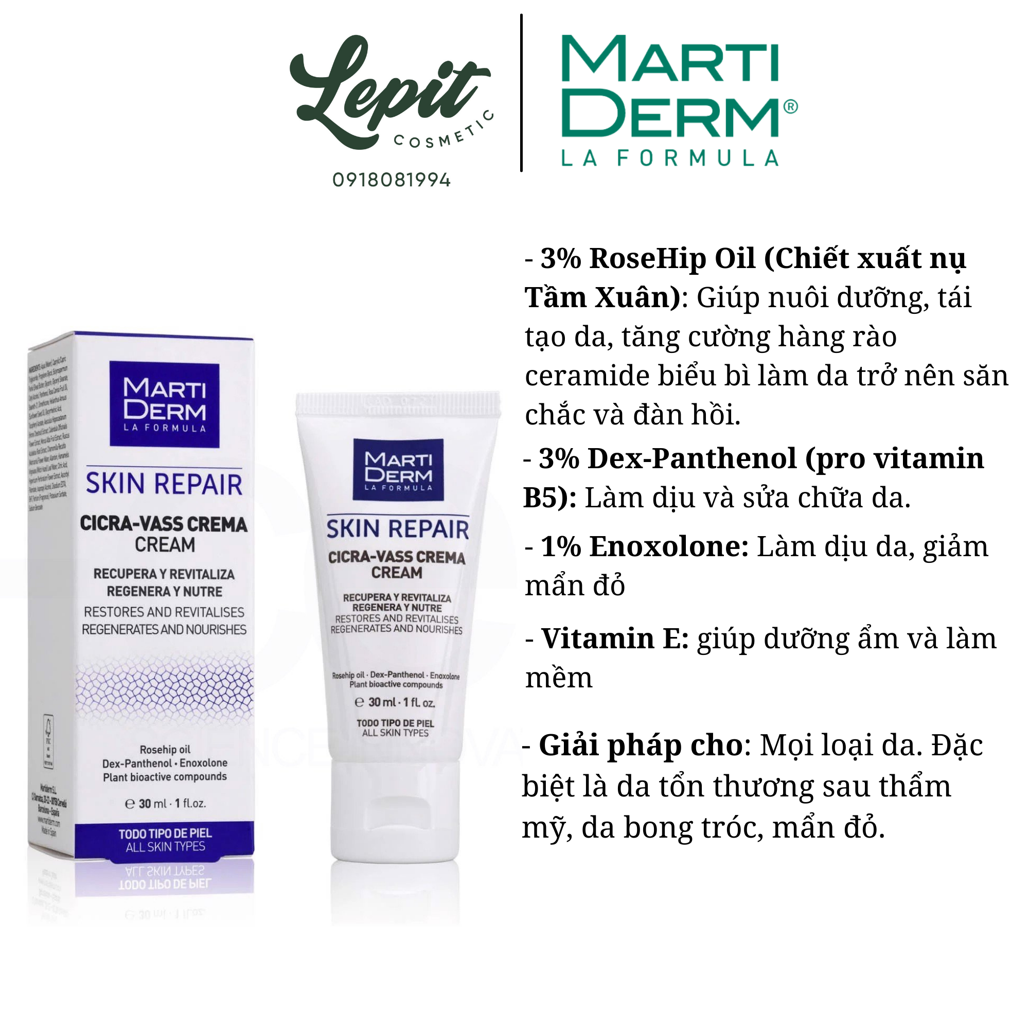 [30ml] Kem dưỡng ẩm phục hồi da MartiDerm Skin Repair Cicra-Vass Crema Cream - Lepit Cosmetic