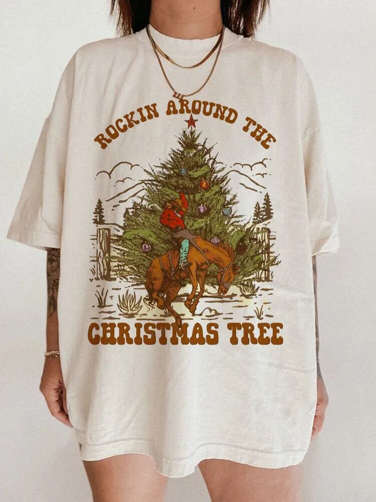 Rockin Around Christmas Tree Cowboy Rodeo T-Shirt Cute Western Vintage T Shirt Women 2022 Xmas Funny Graphic Tshirt Holiday Tops