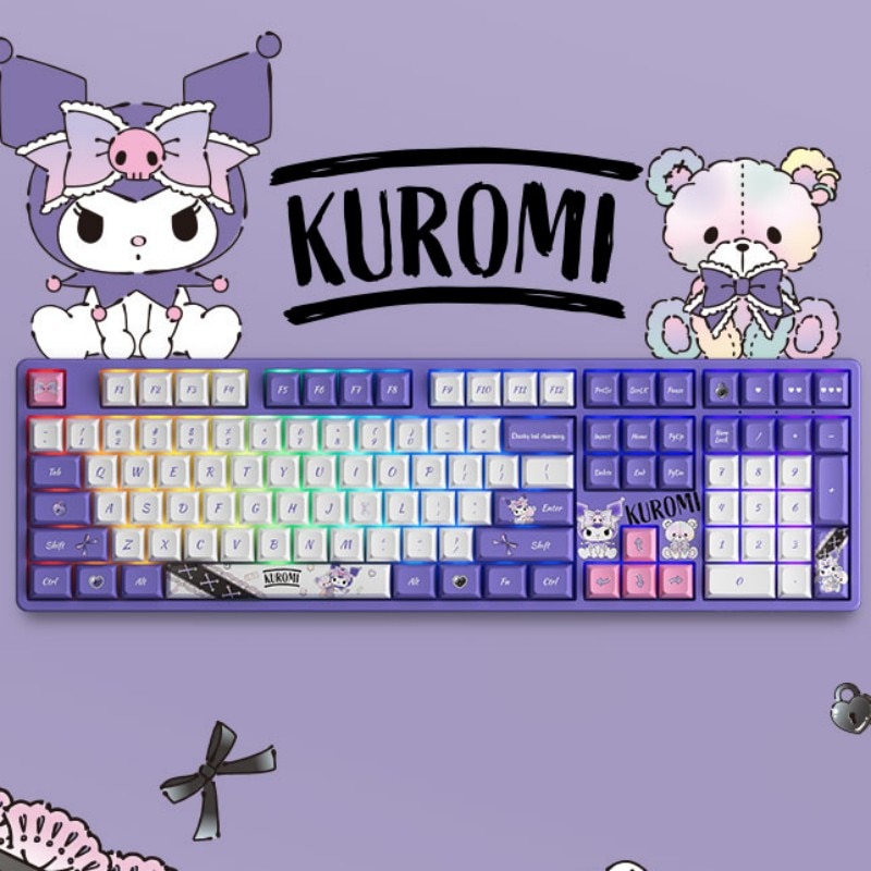 108Key Sanrio Kuromi Bluetooth Wireless Keyboard Three Mode Rgb Hot Plug Anime Cartoon Backlight