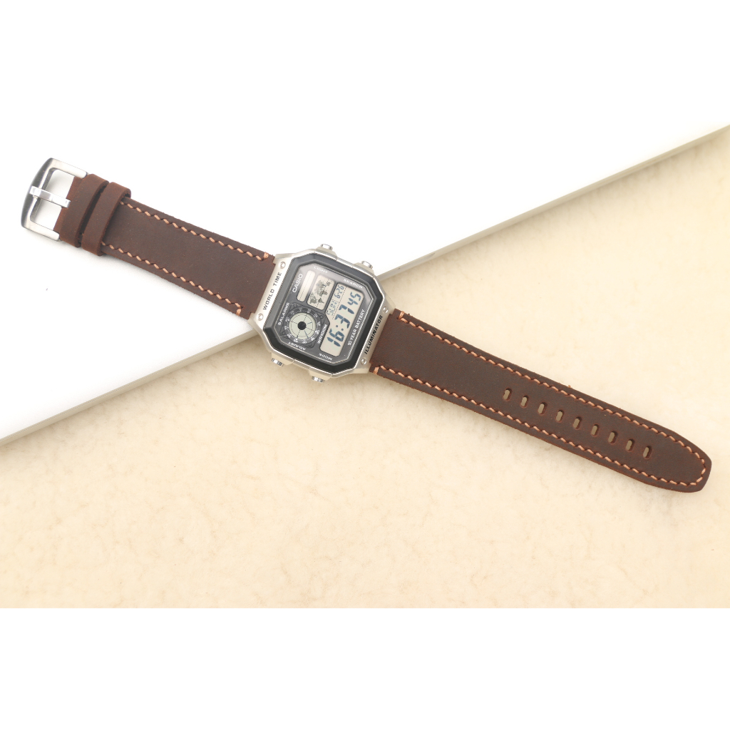 Dây da thay thế đồng hồ Casio AE1200 da bò sáp handmade