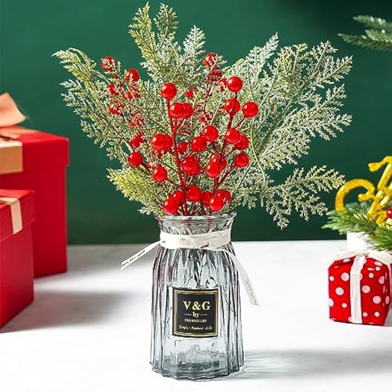 1PC Artificial Pine Leaves Branches with 8PCS Artificial Red Berry Stems Christmas Artificial Pine Branches Green Plants Pine Needles for DIY Christmas Garland Wreath Gift Decoration