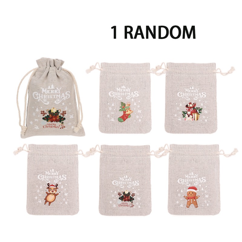 5Pcs Cartoon Christmas Linen Drawstring Pocket Chocolate Candy Storage Bag Christmas Party Children's Gift Bag