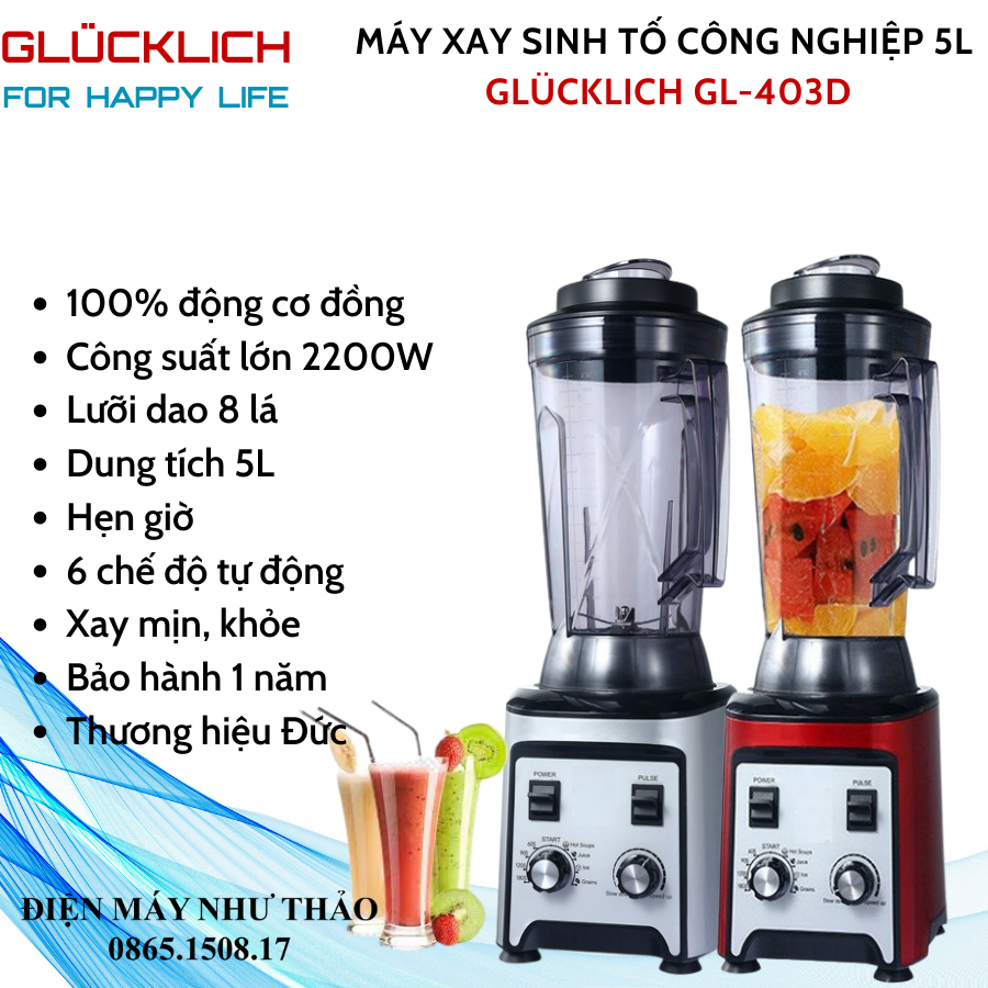 Máy xay sinh tố đá công nghiệp 5L 2200W GLUCKLICH - Thương hiệu GLÜCKLICH của Đức - Hàng chính hãng bảo hành chính hãng