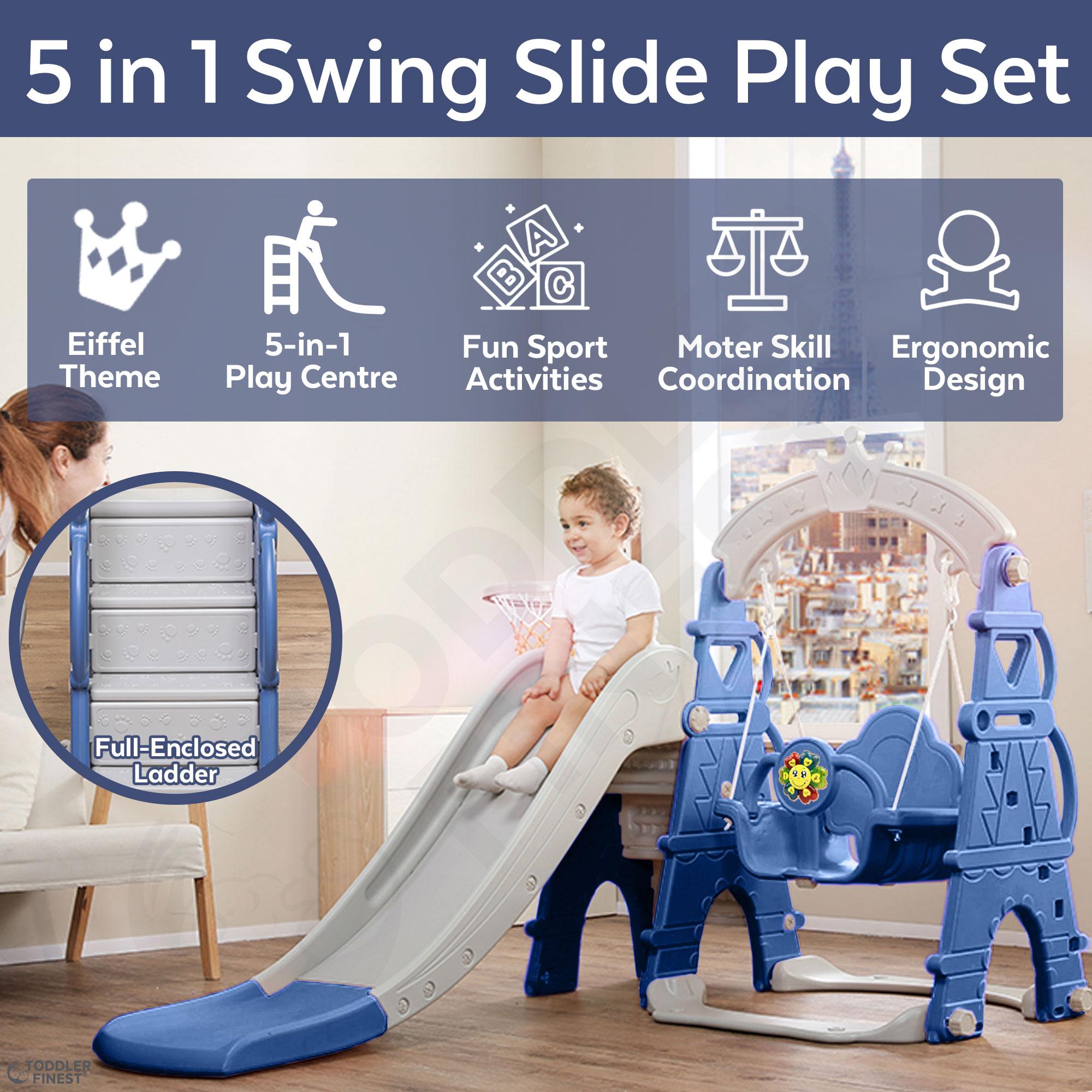 papasbox 5 in 1 Toddler Climber and Swing Set Kids Play Climber Slide Playset with Basketball Hoop Easy Set Up Baby Playset for Indoor Outdoor Backyard Extra Long Slide and Ball 
