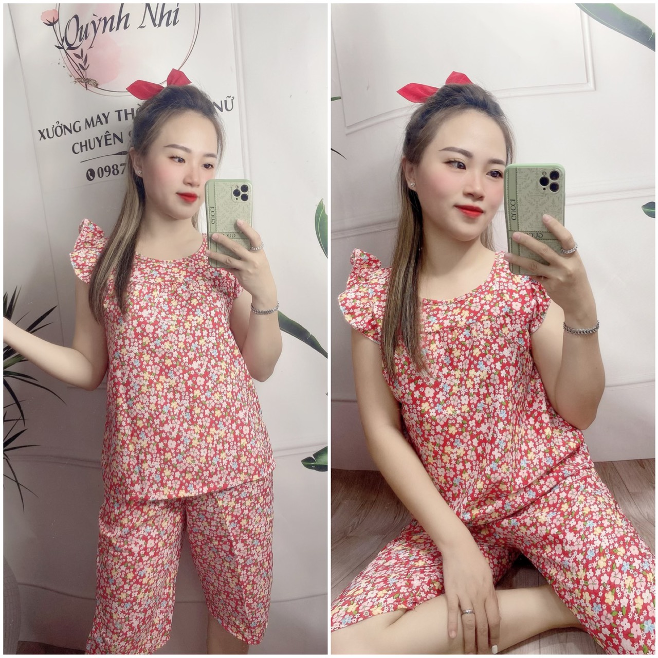 Đồ bộ lụa hoa nhí tay cánh tiên mặc nhà dễ thương có size 40-75kg - lua01