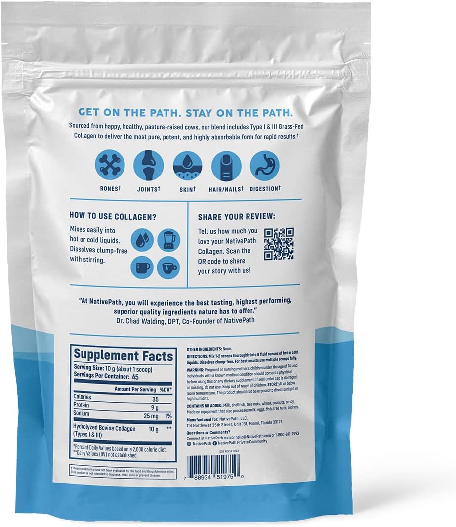 NativePath Collagen Peptides Protein - Hydrolyzed Type 1 & 3 Collagen Powder for Skin, Hair, Nails - Collagen Powder for Skin - 15.9 oz (45 Servings). 