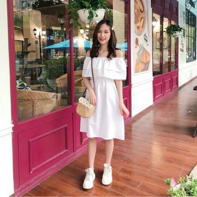 [ SIÊU HOT + FREE SHIP ] Váy trễ vai siêu xinh vải lụa mềm mịn tôn dáng