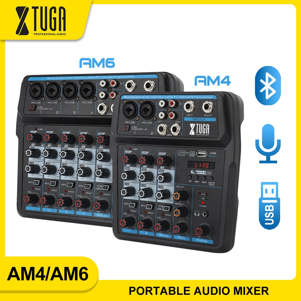 XTUGA AM6 6Channels Audio Mixer Sound Mixing Console with Bluetooth USB Record 48V Phantom Power Monitor Paths Plus Effects Use for home music production K song webcast 