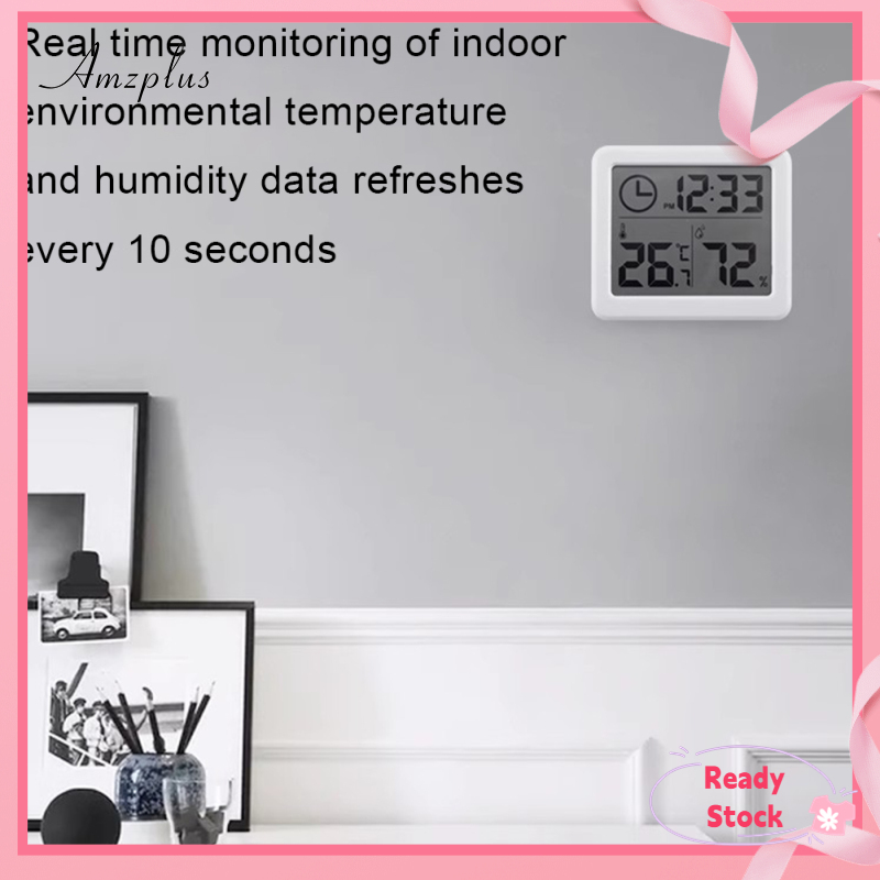 Amzplus Digital Wall Clock With 3.2inch LCD Display Temperature Time Humidity Meter For Indoor Bedroom Baby Room