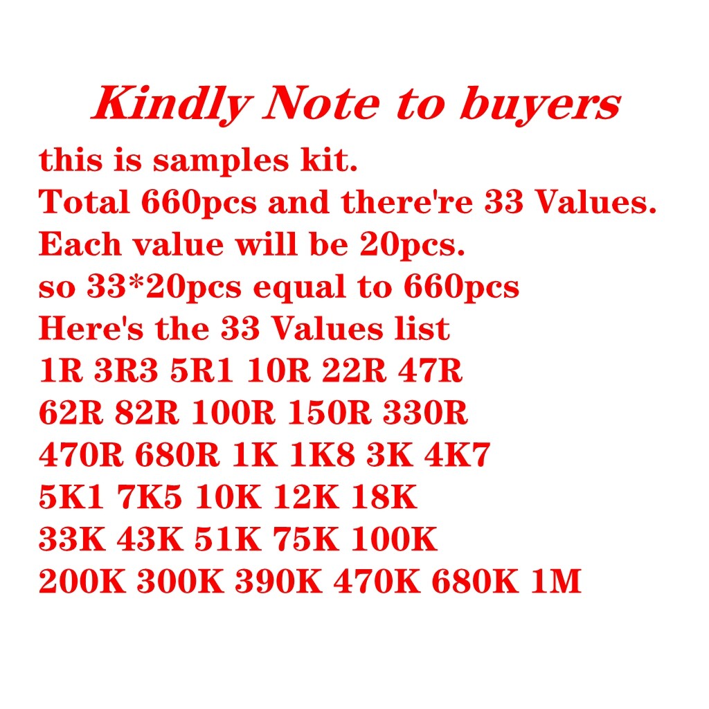 660Pcs 1206 33Values Each 20 Resistor 1206 1%  SMD SMT Resistor Kit Assorted Kit 1R~1M Assorted Value Pack