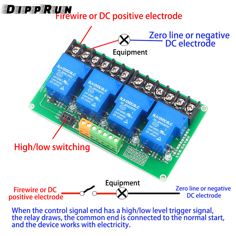 DIPPRUN AC250V 30A 4 Channel Relay Module High Power DC5V 12V 24V High Low Level Trigger Switch Module