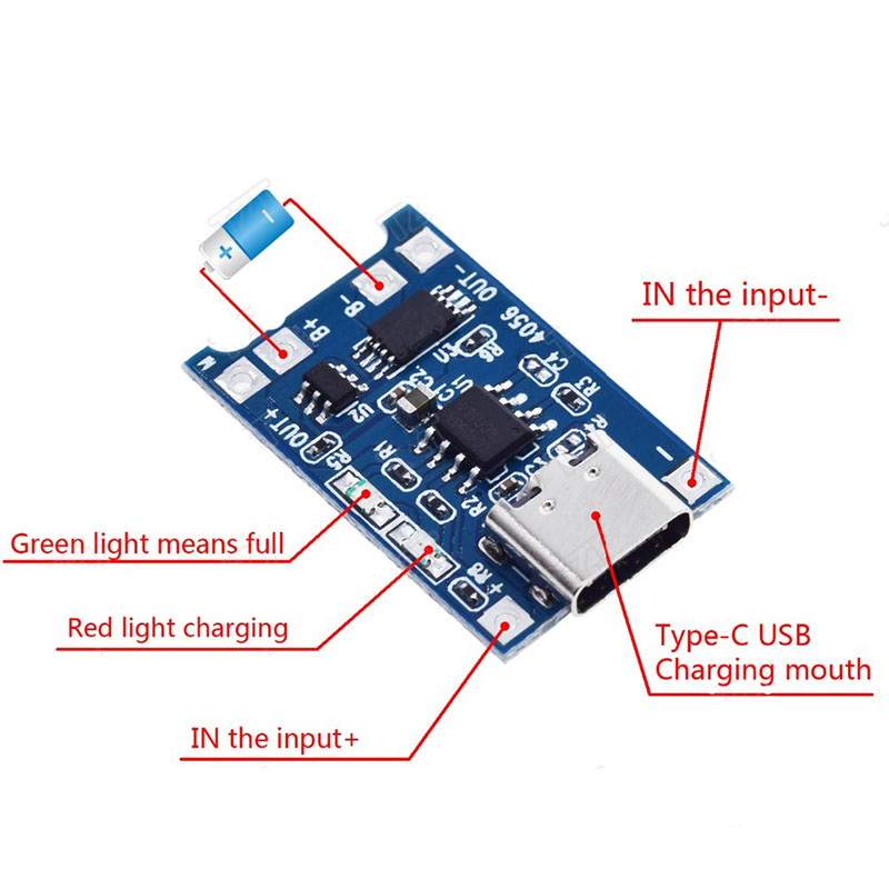 Type-C USB 5V 1A 18650 TP4056 Lithium Battery Charger Module Charging Board with Protection Dual Functions