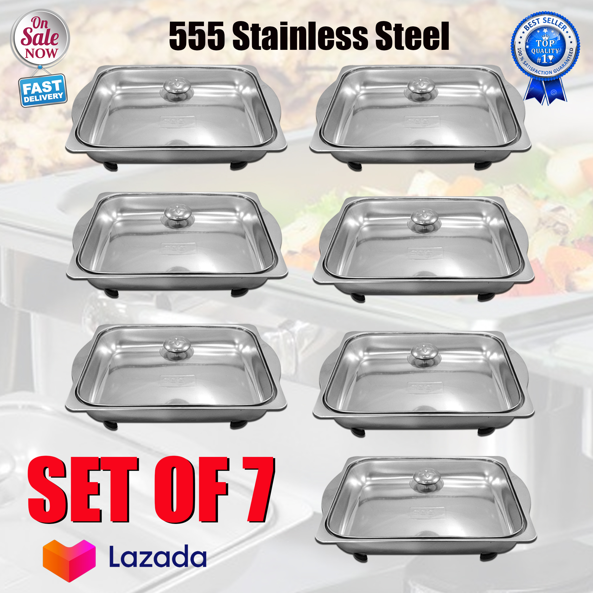 Set Of 7 Food Warmer Rectangular Tray Stainless for Catering, Serving