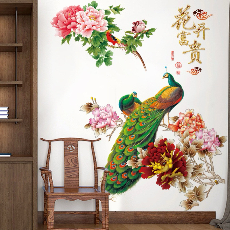 Decal dán tường chim công và hoa 01